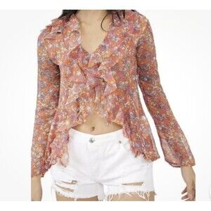Free People Sz M Nina Orange Floral Ruffled Blouse Top Tulips Ditsy Feminine